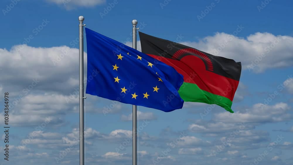 Malawi and European Union flags flying together, video concept of the relationship, two country relations concept Malawi and European Union flags flying together, video concept of the relationship, two country relations concept