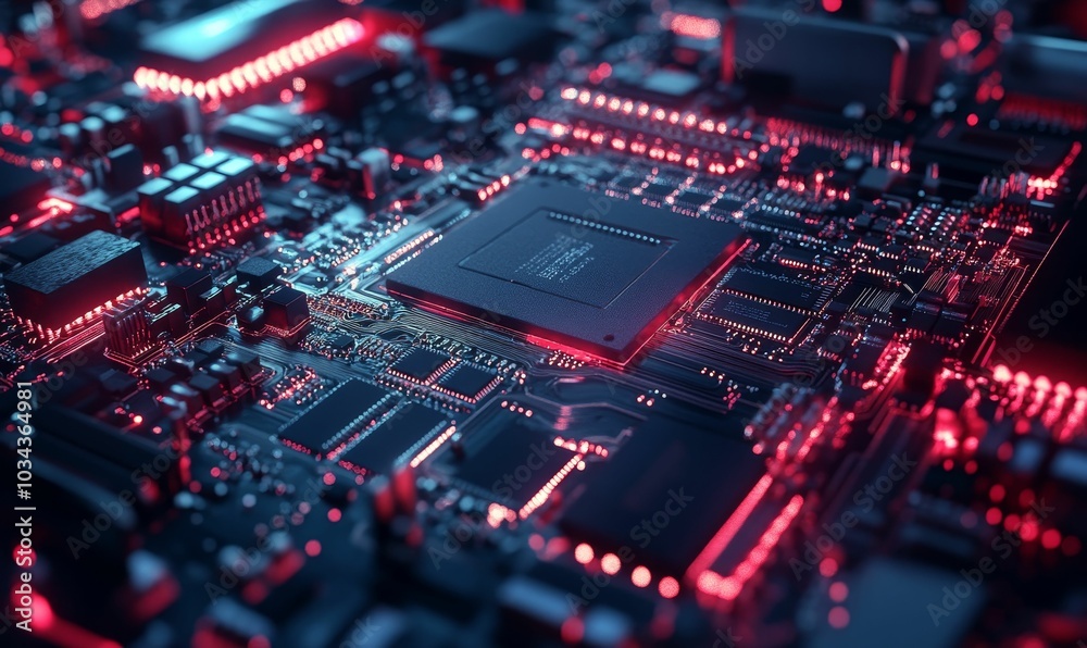 Red glowing circuit board with a chip. Red glowing circuit board with a chip.