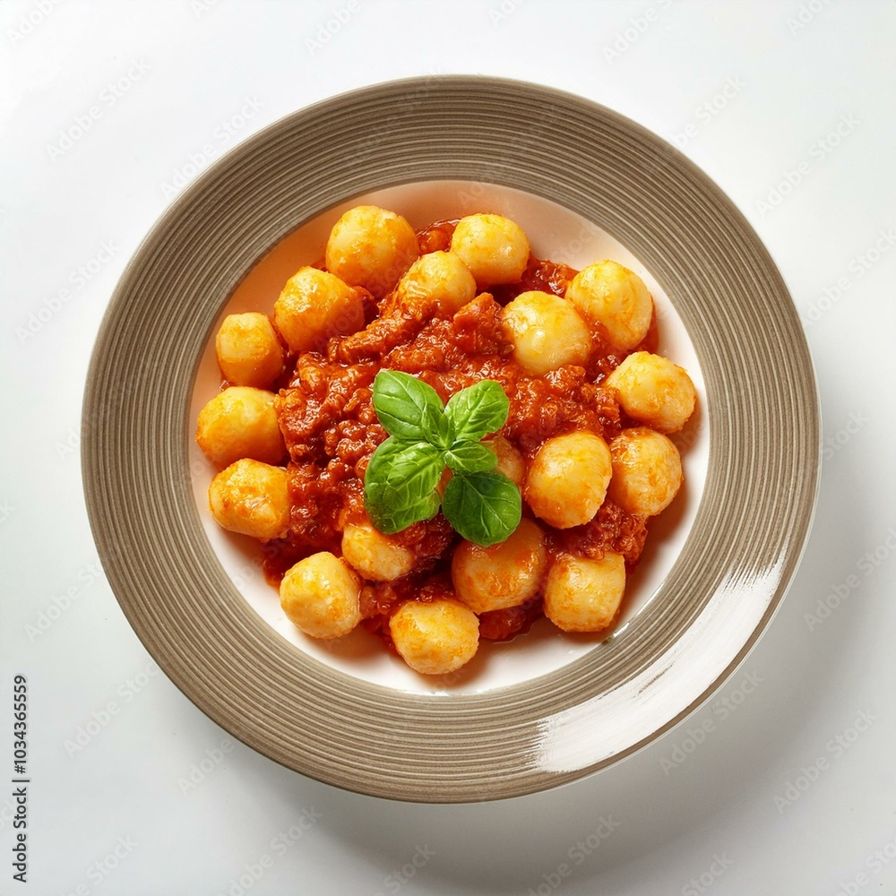 Delicious Brazilian gnocchi with tomato sauce and fresh herbs served hot. Delicious Brazilian gnocchi with tomato sauce and fresh herbs served hot.