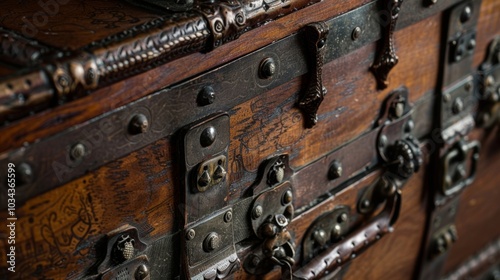 A set of steamer trunks showcasing intricate antique hardware and ornate hinged latches reminiscent of a bygone era of luxury voyage. photo