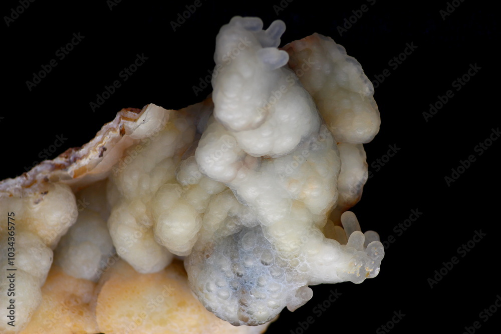 Fragment of pseudo-sinter chalcedony on a dark background, a specimen of a collectible mineral from Indonesia Fragment of pseudo-sinter chalcedony on a dark background, a specimen of a collectible mineral from Indonesia