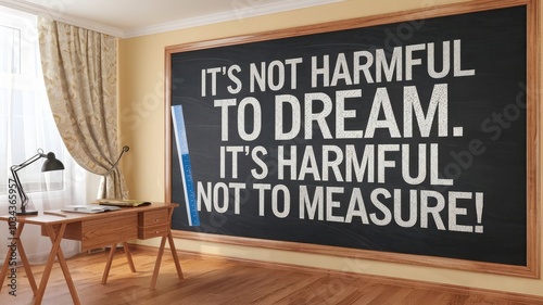 A blackboard with a quote that says it ' s not to dream to be measured. photo