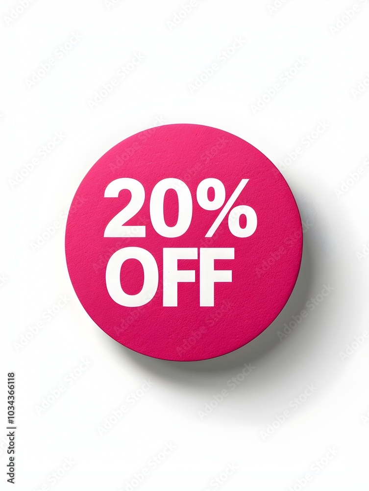 White '20% OFF' Text on a Hot Pink Round Paper Note. White Background White '20% OFF' Text on a Hot Pink Round Paper Note. White Background