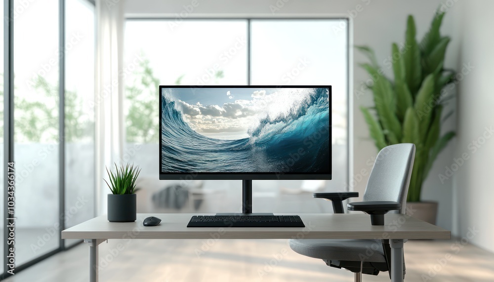 A minimalist office space with a large desktop monitor ergonomic chair and potted plant in the background A minimalist office space with a large desktop monitor ergonomic chair and potted plant in the background