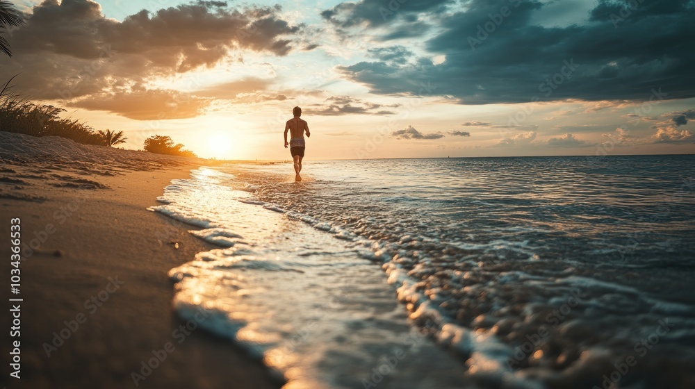 A Solitary Figure Running Towards the Setting Sun on a Beach A Solitary Figure Running Towards the Setting Sun on a Beach