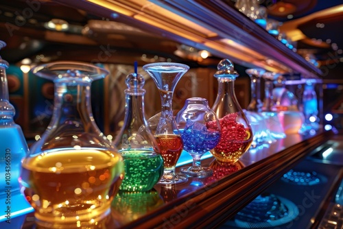 A stunning display of various colorful beverages in elegant glassware, illuminated by ambient lighting in a high-end bar at night.