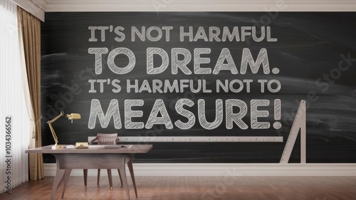 A blackboard with a quote that says it ' s not to dream to be measured. photo