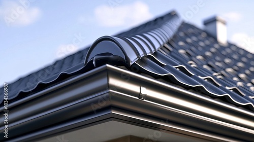 Downpipe installed on the corner of a roof's rain gutter, featuring a new metal finish photo