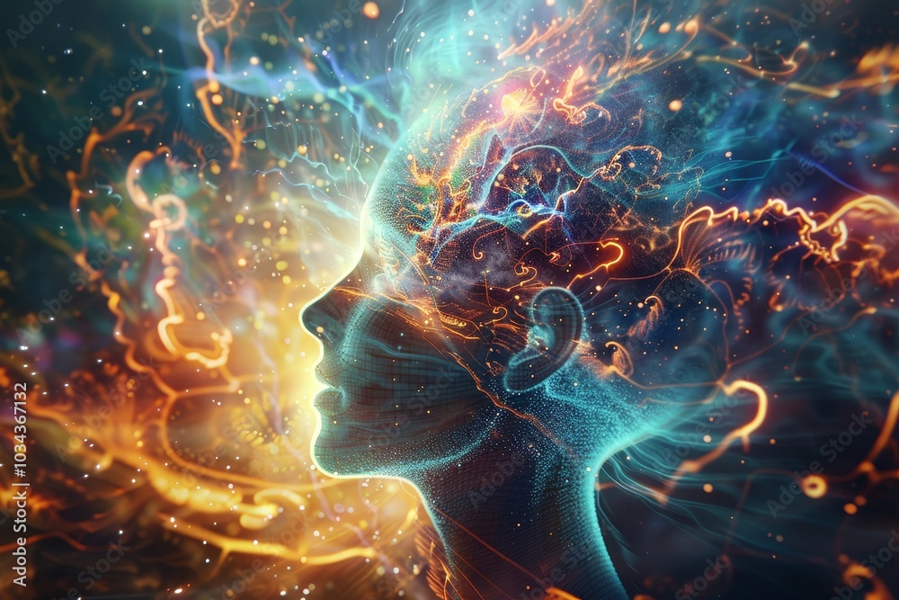 The artwork captures a silhouette of a human head infused with colorful light trails, symbolizing thoughts and emotions in a digital artistic expression. The artwork captures a silhouette of a human head infused with colorful light trails, symbolizing thoughts and emotions in a digital artistic expression.