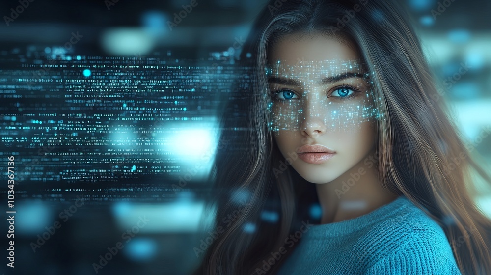 Futuristic Woman with Glowing Digital Face Futuristic Woman with Glowing Digital Face