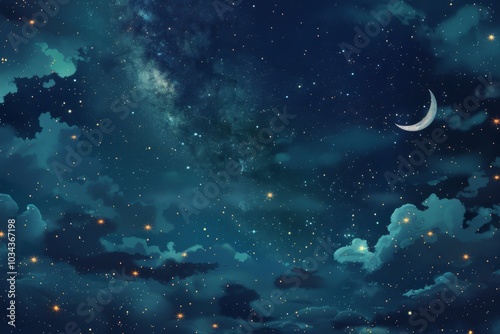 Stars fill the nighttime sky, shimmering brightly as a crescent moon casts a gentle glow over soft clouds, creating a peaceful atmosphere for stargazers.