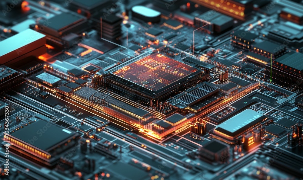 Close-up of a circuit board with glowing lights. Close-up of a circuit board with glowing lights.