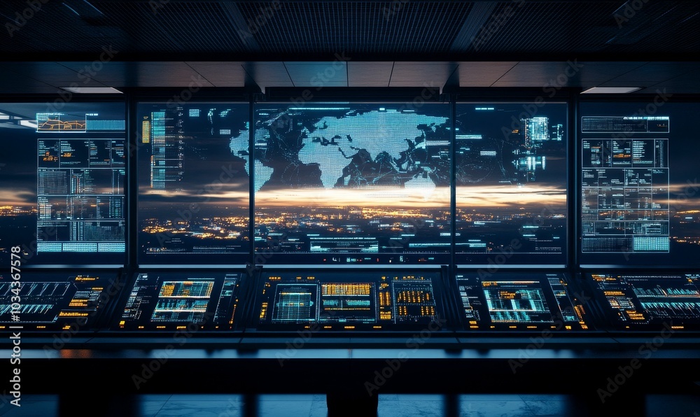 Futuristic control room with digital map and data. Futuristic control room with digital map and data.