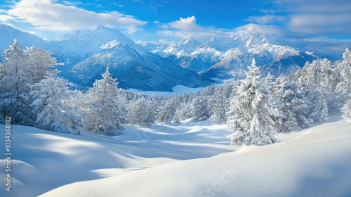 Snowy mountain landscape with frosty trees and blue sky celebrating merry christmas and happy new year ai