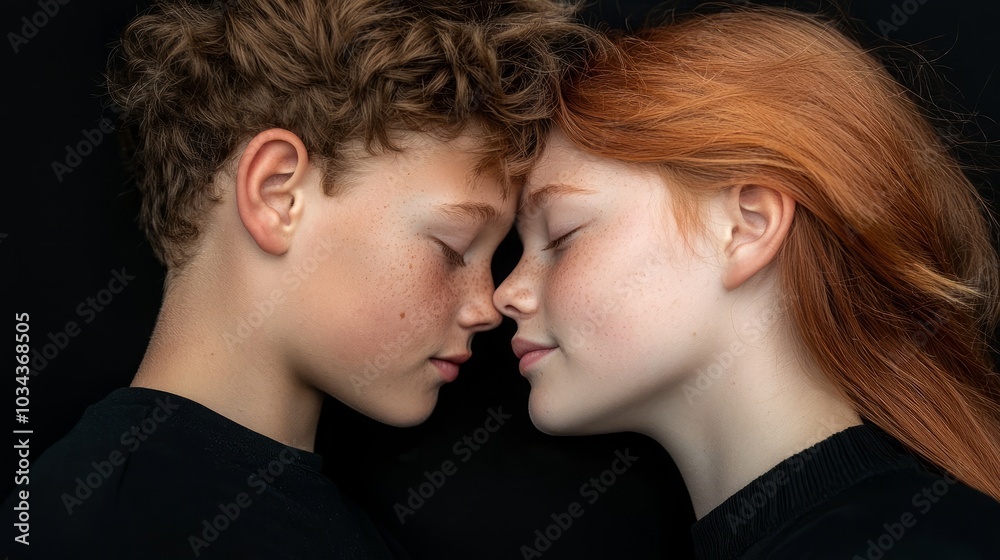 Teenage couple in a soft romantic embrace, touching their faces with closed eyes, conveying the purity and affection of young love Teenage couple in a soft romantic embrace, touching their faces with closed eyes, conveying the purity and affection of young love