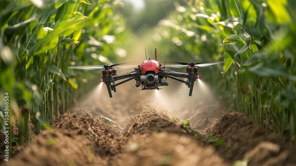 A drone hovers low over a lush cornfield, efficiently applying spray to the crops as sunlight filters through the rows of towering plants. The scene highlights modern agricultural practices. A drone hovers low over a lush cornfield, efficiently applying spray to the crops as sunlight filters through the rows of towering plants. The scene highlights modern agricultural practices.
