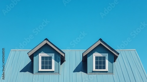 Metal roof with a sloped design and two windows, set against a bright blue sky