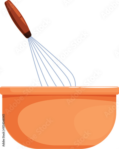 Metal whisk resting in orange mixing bowl ready for baking