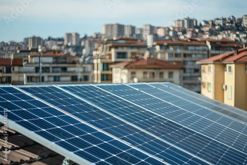 Solar Panels on a Rooftop with a Blurred Cityscape in the Background