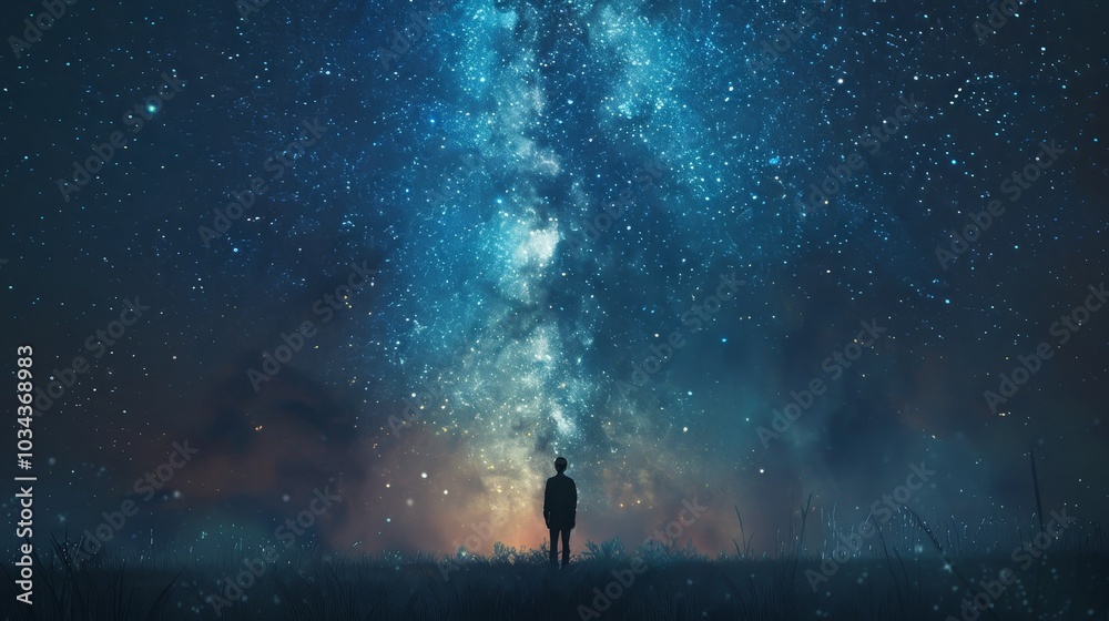 Fototapeta premium A Solitary Figure Gazes Up at a Starry Night Sky, Illuminated by the Milky Way