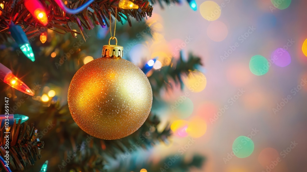 Gold glitter Christmas ball on fir tree, garland lights and colourful bokeh festive New Year background with copy space Gold glitter Christmas ball on fir tree, garland lights and colourful bokeh festive New Year background with copy space