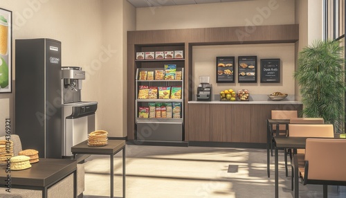 A well-designed office break room with a coffee machine snack station and neatly arranged furniture