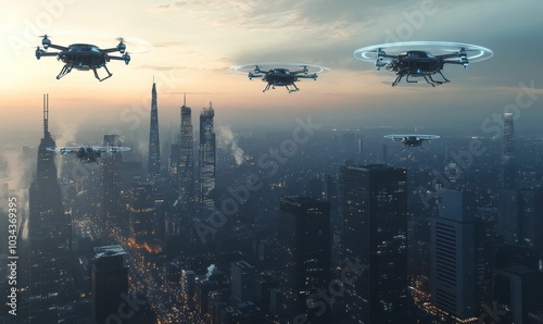 Drones flying over illuminated cityscape at dusk.