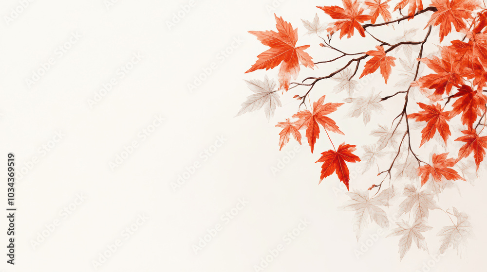 An artistic composition of autumn leaves showcases vibrant shades of red and white on a minimalistic background with copy space. An artistic composition of autumn leaves showcases vibrant shades of red and white on a minimalistic background with copy space.