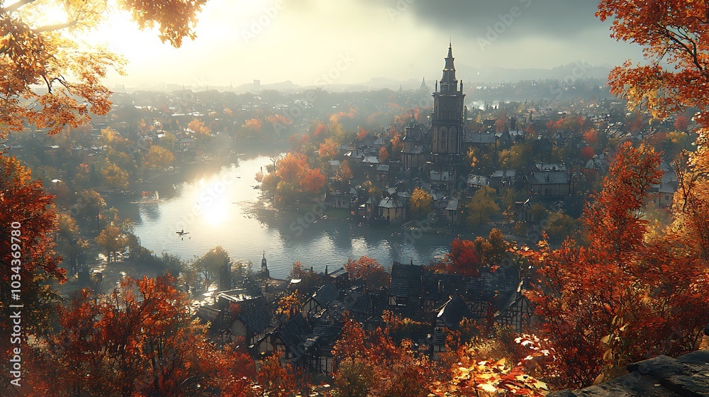 Fototapeta premium A misty autumn morning view of a quaint town with a river, surrounded by trees.