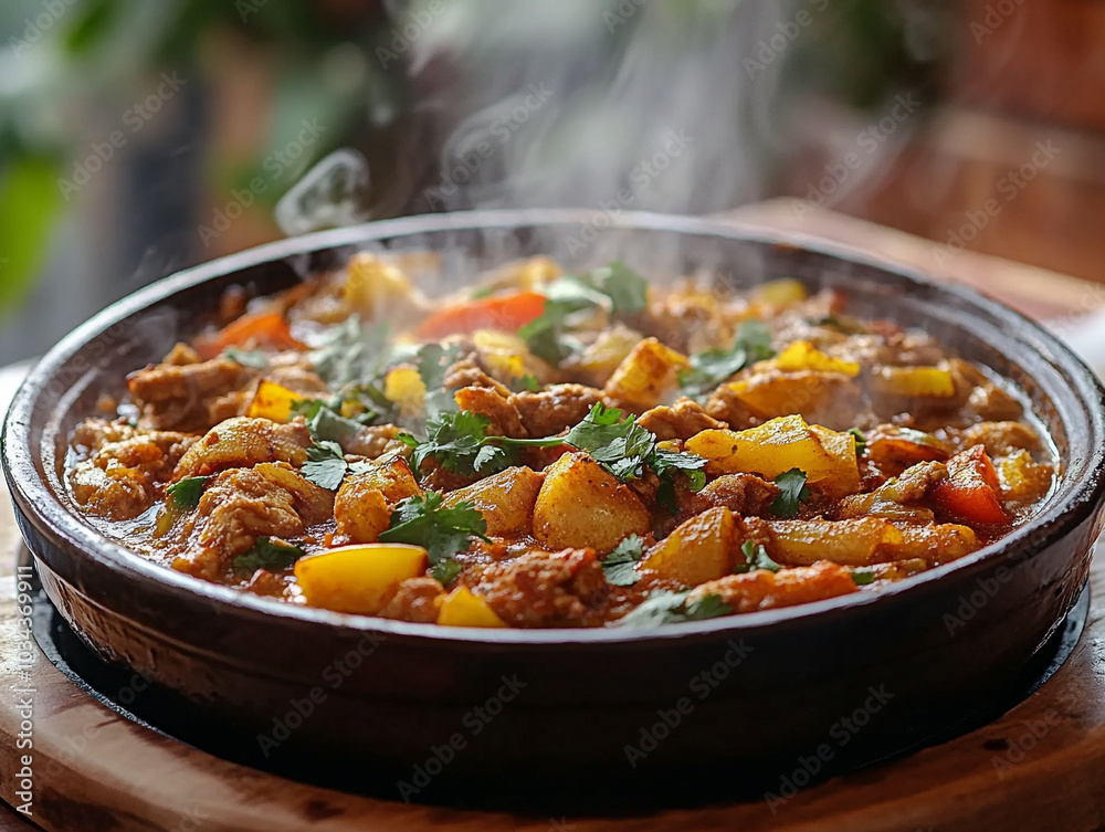 Moroccan tajine with steaming hot food on a table Moroccan tajine with steaming hot food on a table