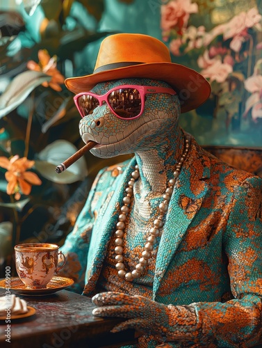 A colorful anthropomorphic python in a vibrant suit
