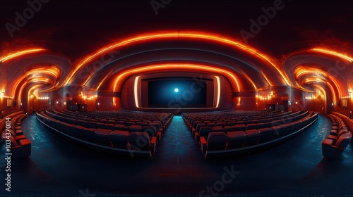 Create a 360-degree equirectangular HDRI image of a futuristic movie theater interior to be used as a background in a render to be used in 360 degree virtual Environment environment should be dark