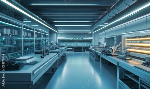 Modern sterile laboratory with equipment and glowing lights.