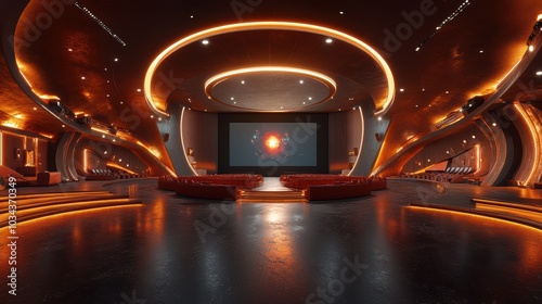 Create a 360-degree equirectangular HDRI image of a futuristic movie theater interior to be used as a background in a render to be used in 360 degree virtual Environment environment should be dark