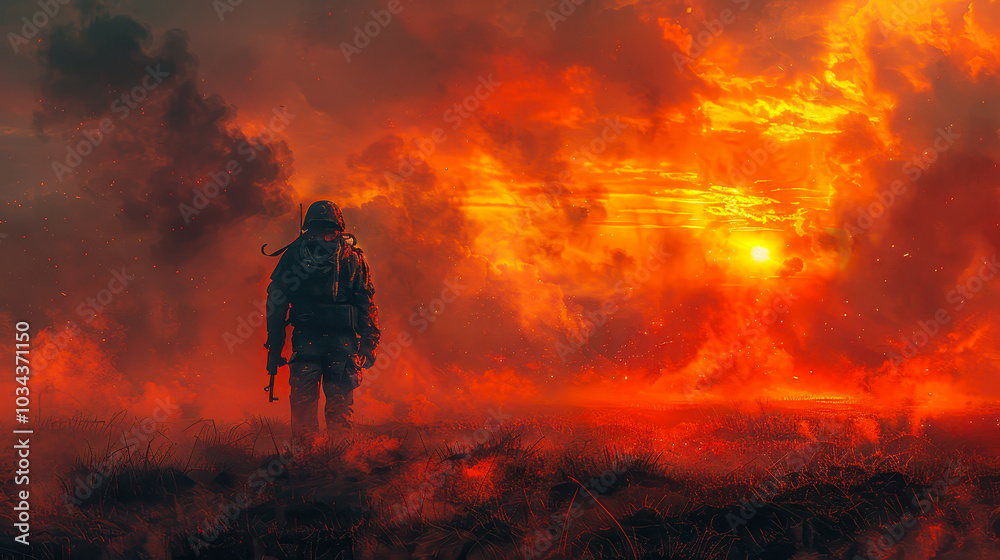 Fototapeta premium Lonely Soldier After War in Fiery Battlefield at Sunrise, Digital Art, Emotional and Dramatic Concept of Warfare Desolation and Heroism