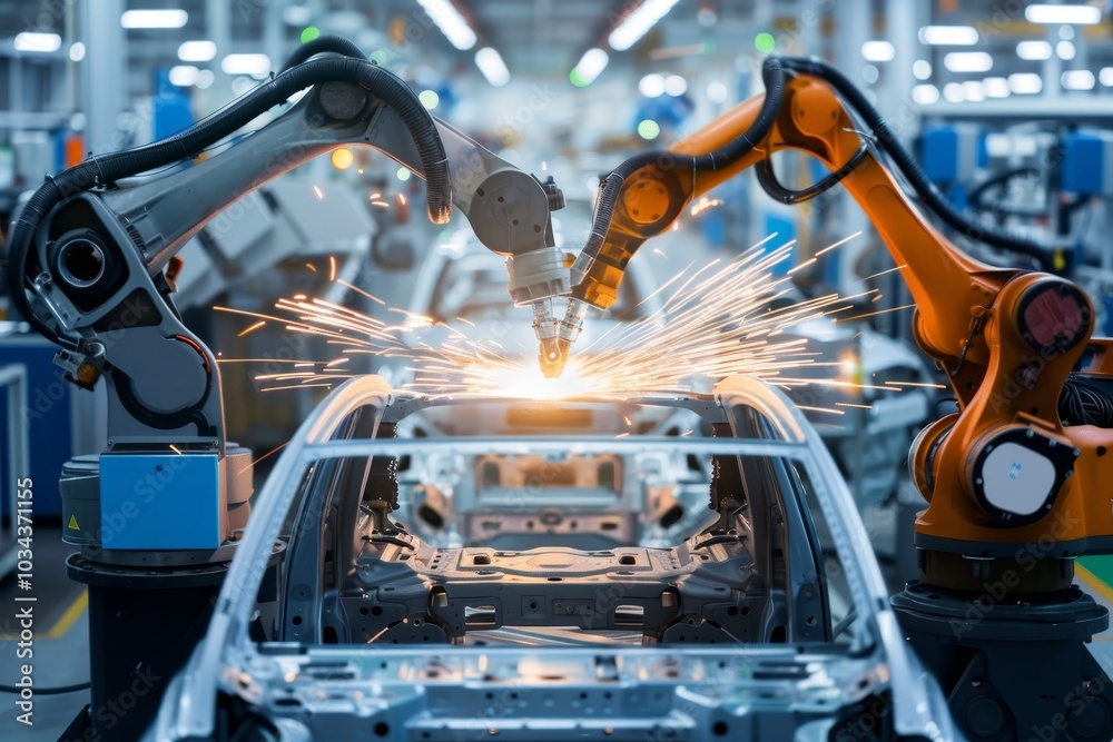 Fototapeta premium Two robotic arms perform welding on an automobile chassis in a contemporary manufacturing plant filled with machines and activity, creating sparks of light.