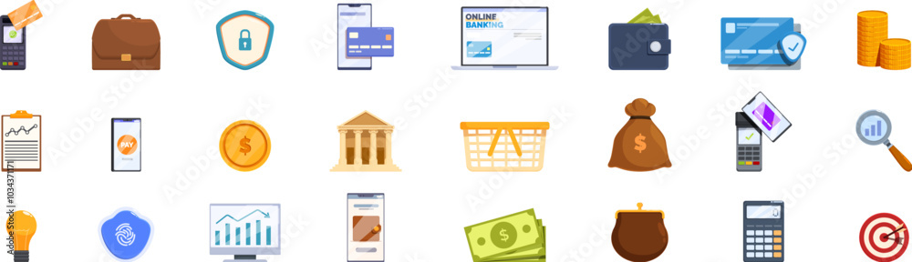 Global payment solutions icons set. This set of icons depicts various aspects of online banking, financial transactions, and security measures Global payment solutions icons set. This set of icons depicts various aspects of online banking, financial transactions, and security measures