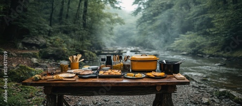 A rustic wooden table set for a meal in the woods, with a yellow Dutch oven and a river in the background. photo