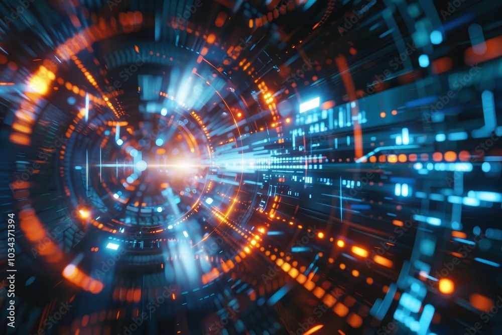 A dynamic tunnel of lights and data streams showcases bright blue and orange patterns, creating a captivating visual of energy and motion in a digital environment. A dynamic tunnel of lights and data streams showcases bright blue and orange patterns, creating a captivating visual of energy and motion in a digital environment.