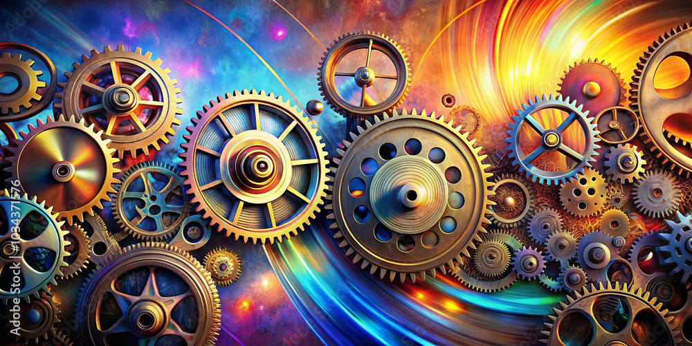 Gears and cogs in various sizes create a stunning visual against a vibrant cosmic backdrop, blending technology and artistic flair during twilight Gears and cogs in various sizes create a stunning visual against a vibrant cosmic backdrop, blending technology and artistic flair during twilight