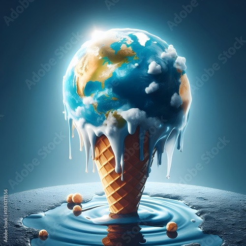 Melting Earth: The Earth as an ice cream cone, slowly melting in a pool of water, symbolizing the effects of global warming
