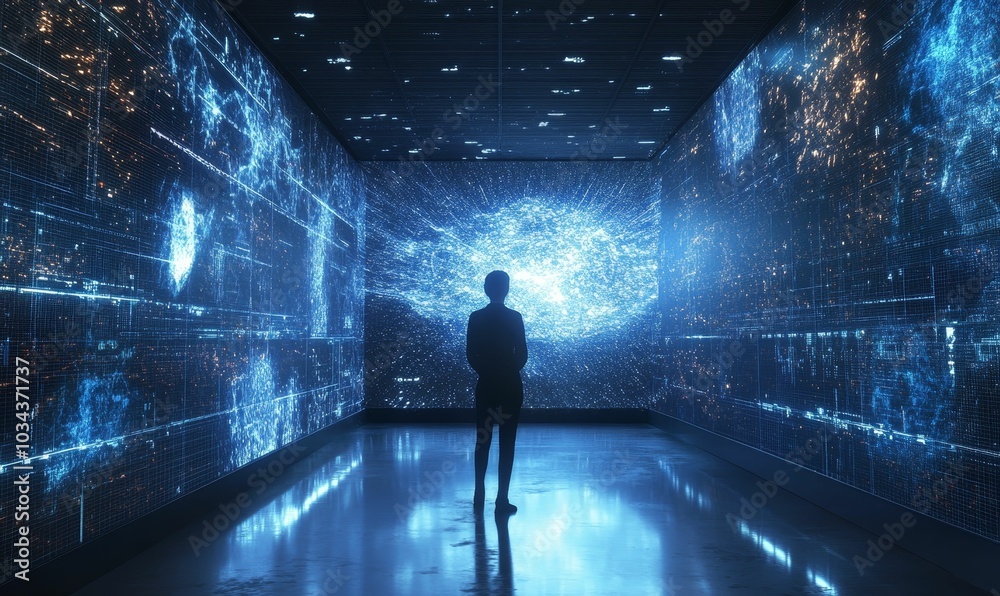 Silhouette stands in a room of glowing screens. Silhouette stands in a room of glowing screens.