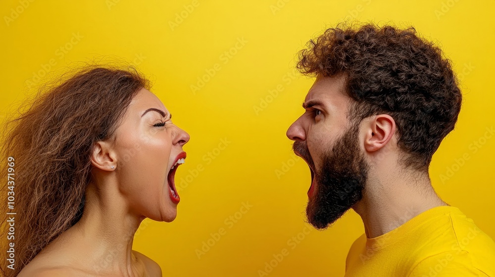 Furious confrontation between husband and wife, face to face in anger over extra-marital affairs, emotions fueled by betrayal Furious confrontation between husband and wife, face to face in anger over extra-marital affairs, emotions fueled by betrayal