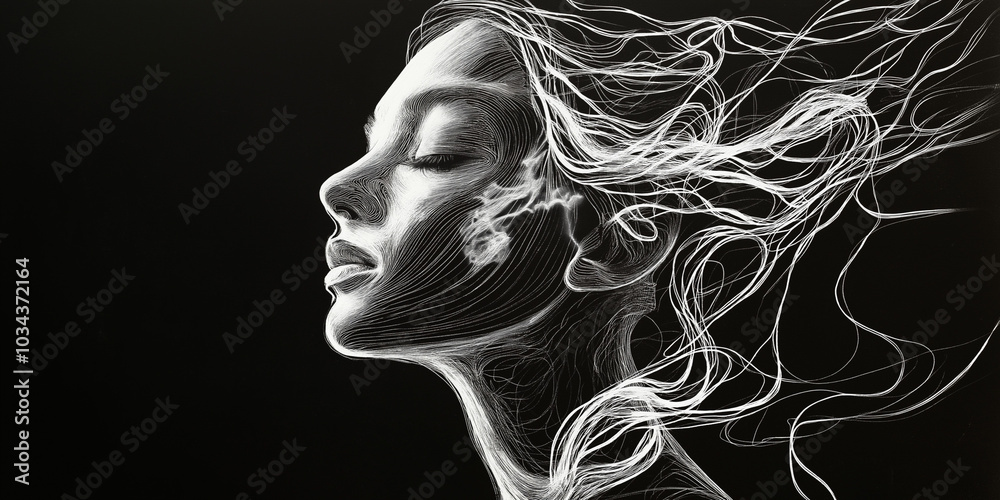 On a black background, a portrait emerges, with white, swirling short lines sketching out the quiet stillness of the human soul On a black background, a portrait emerges, with white, swirling short lines sketching out the quiet stillness of the human soul