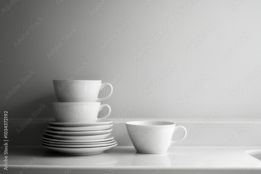 White Coffee Cups and Saucers on a Countertop White Coffee Cups and Saucers on a Countertop
