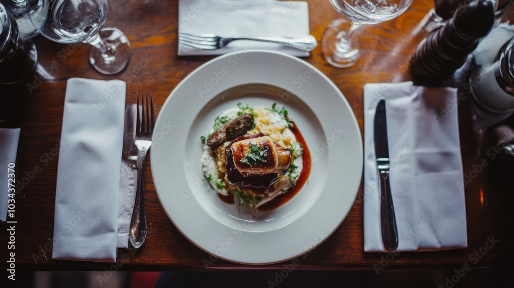 Grilled Pork with Creamy Sauce and Risotto Served on a White Plate Grilled Pork with Creamy Sauce and Risotto Served on a White Plate