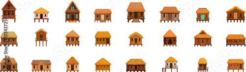 Tropical jungle house icons set. Bungalow house icons set. Cartoon style of 25 bungalow house vector icons for web for any design