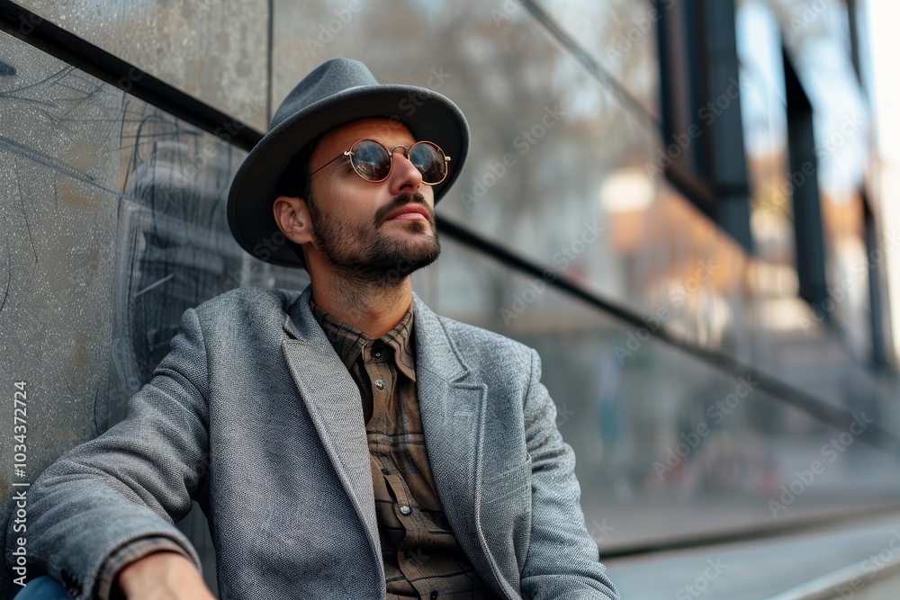 A man dressed in a stylish gray blazer and hat sits casually against a contemporary building, enjoying a moment of relaxation while wearing round sunglasses.