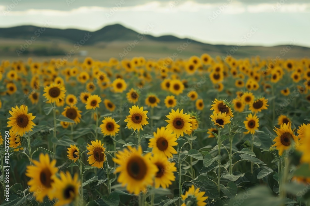 Fototapeta premium A vast field filled with blooming sunflowers stretches toward the horizon, framed by distant hills under a cloudy sky in late afternoon light.