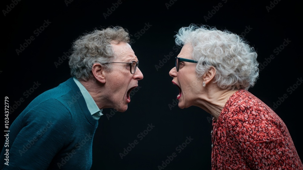 Aging man and woman yelling at each other in profile, fierce exchange revealing years of tension and unresolved conflict Aging man and woman yelling at each other in profile, fierce exchange revealing years of tension and unresolved conflict